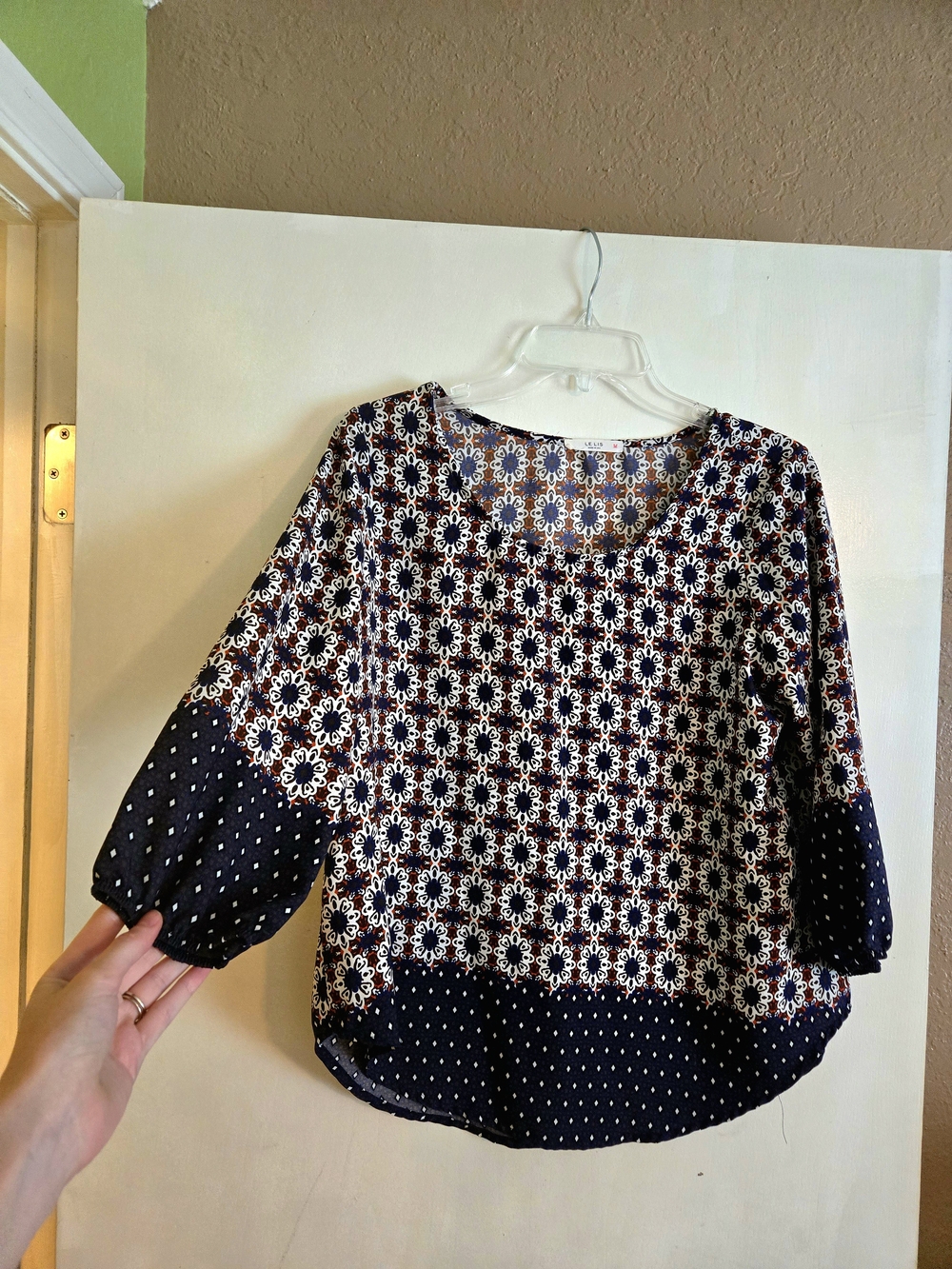 Le Lis Navy and White Mixed-Print Blouse